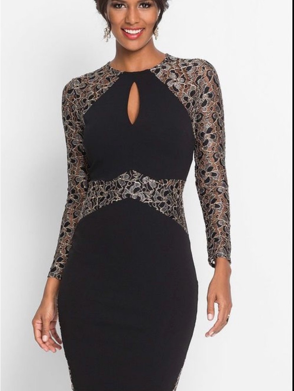 Venus Elegant Black and gold Lace-Accent Long Sleeve Sheath Dress